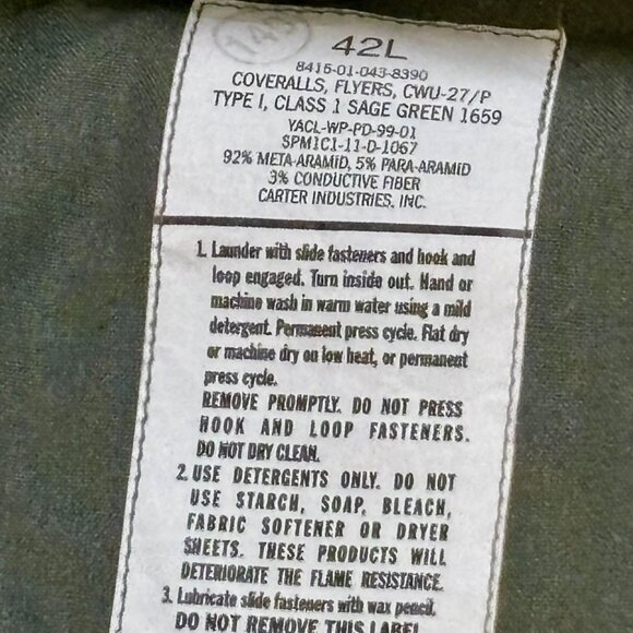 Military Flyers Coveralls CWU-27/P  Sage Green 1659 Type 1,Class 1,- Size 42R  * - Picture 5 of 7